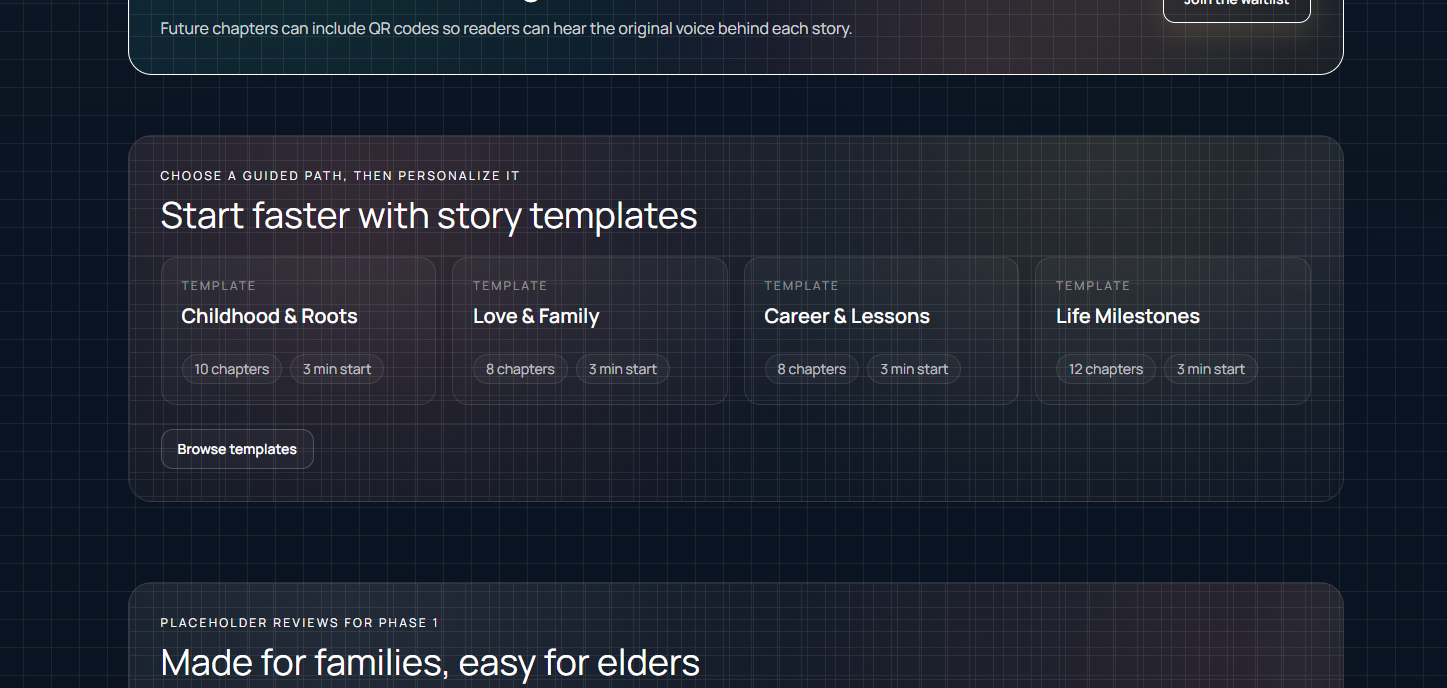 Memorioso story templates section